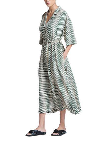 ASCENO Larnaca Pure Silk Midi Dress, Green/White, Green/White