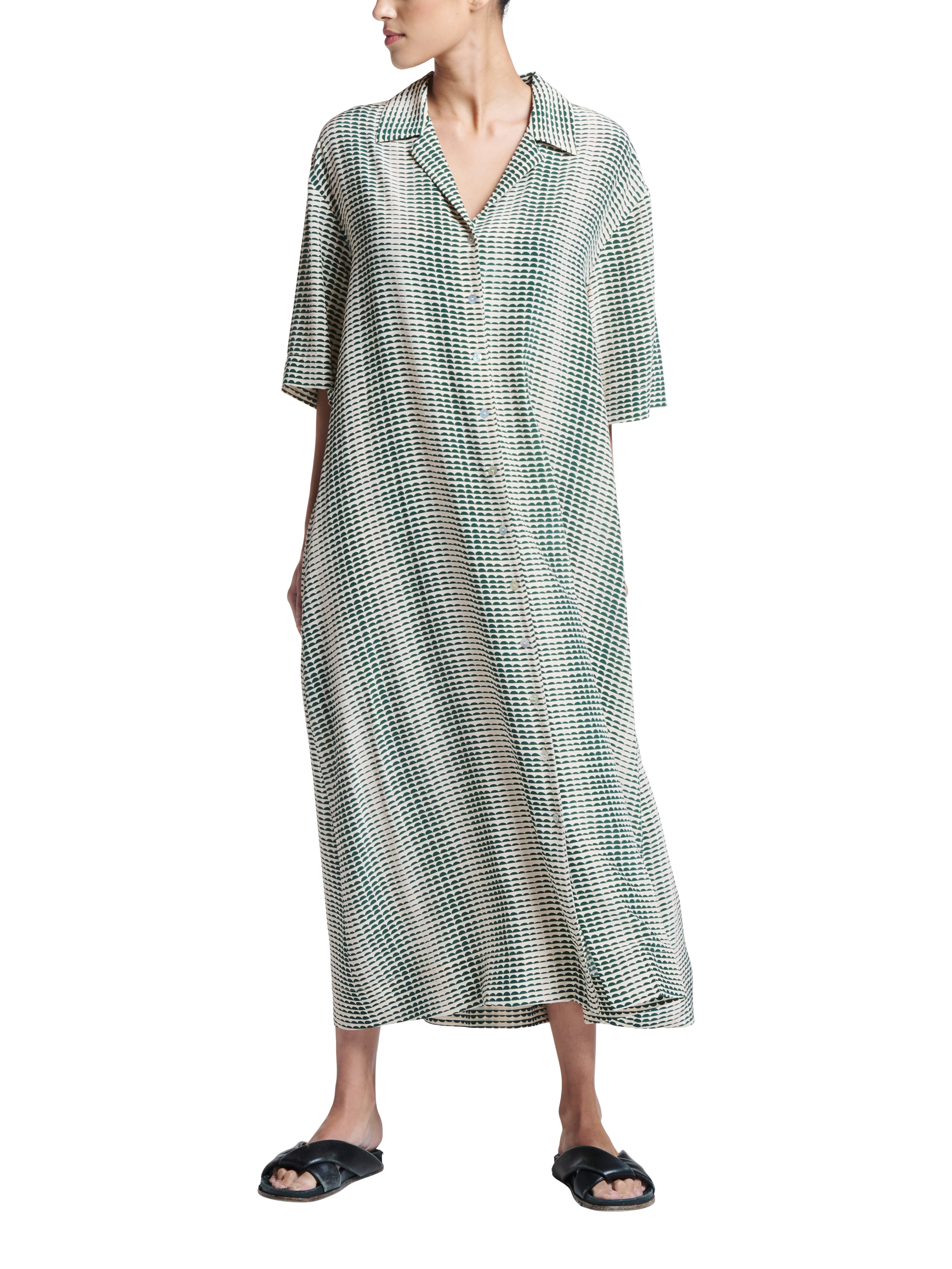Product image 2 of 5, which shows ASCENO Larnaca Pure Silk Midi Dress, Green/White, S
