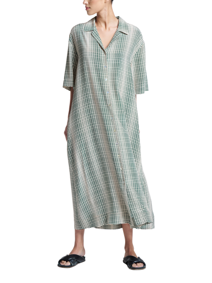ASCENO Larnaca Pure Silk Midi Dress, Green/White - view 2, Green/White