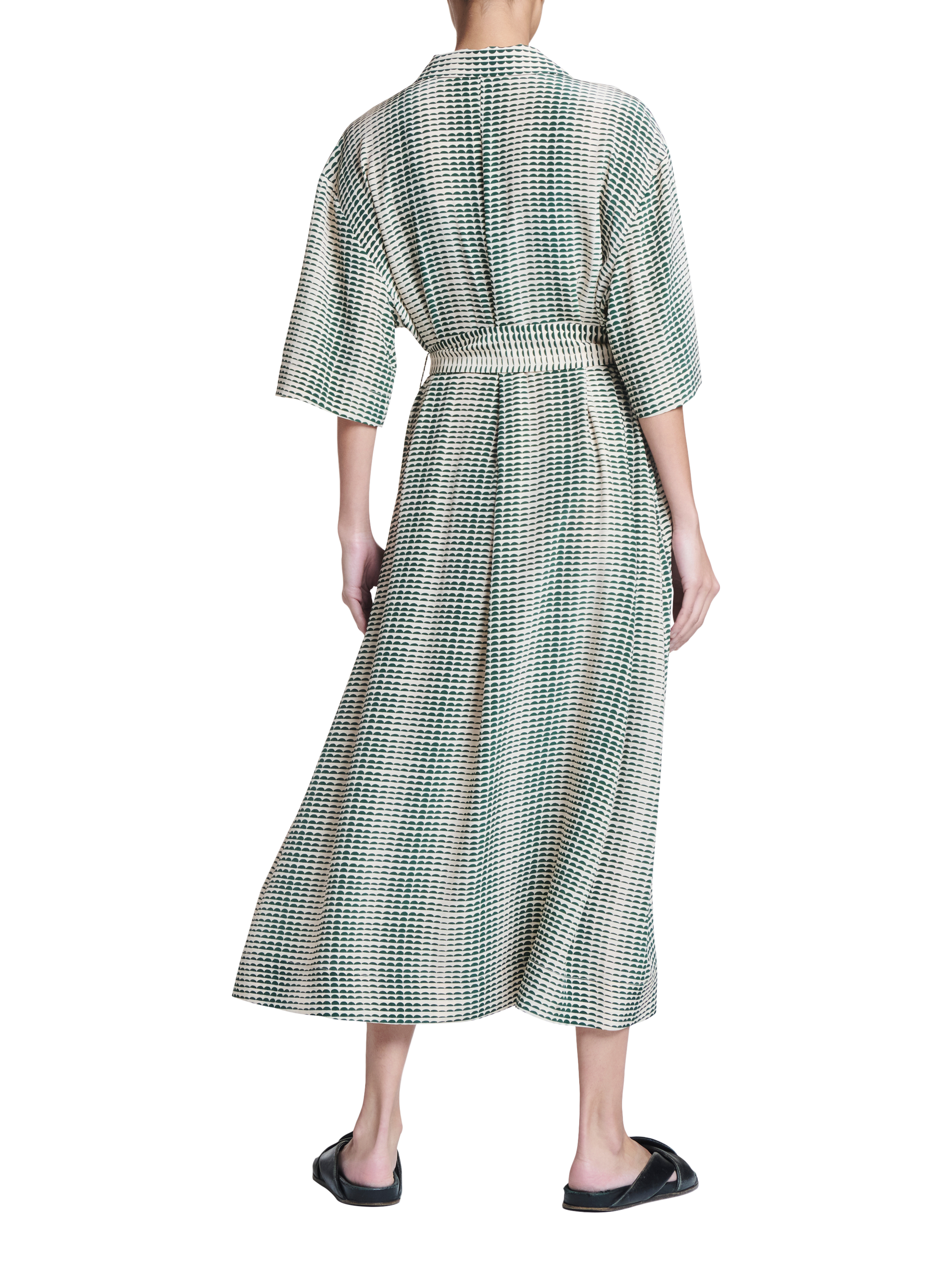 Product image 3 of 5, which shows ASCENO Larnaca Pure Silk Midi Dress, Green/White, S