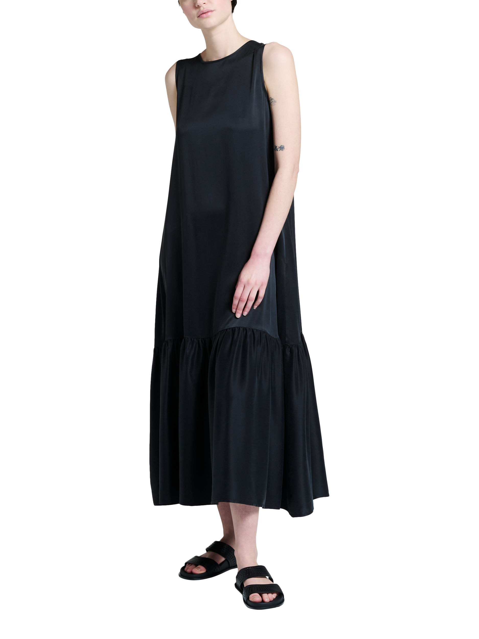 Product image 1 of 4, which shows ASCENO Rhea Pure Silk Charmeuse Dress, Black, XS