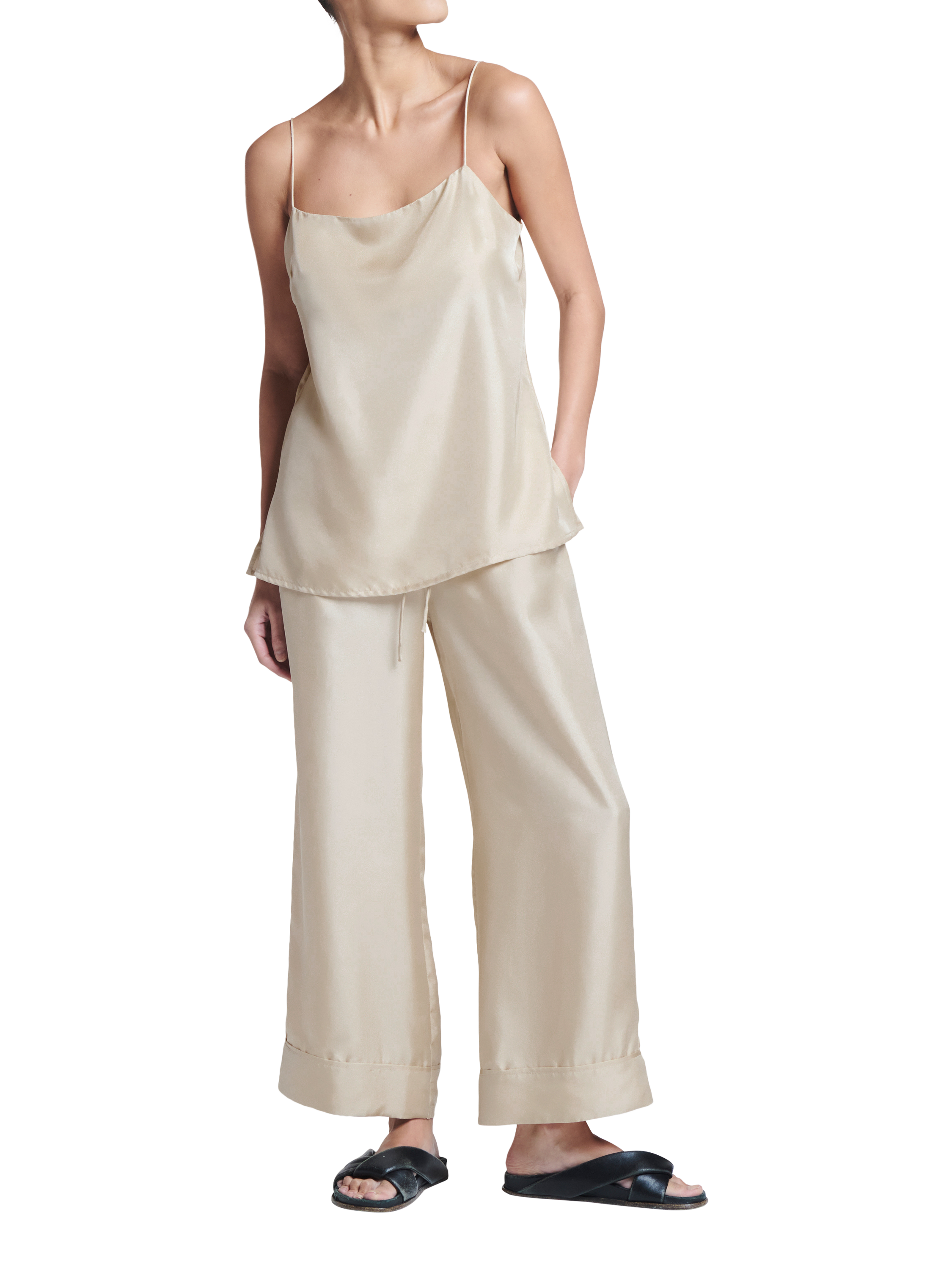 Product image 2 of 5, which shows ASCENO Brescia Wide Leg Silk Trousers, Stone, L