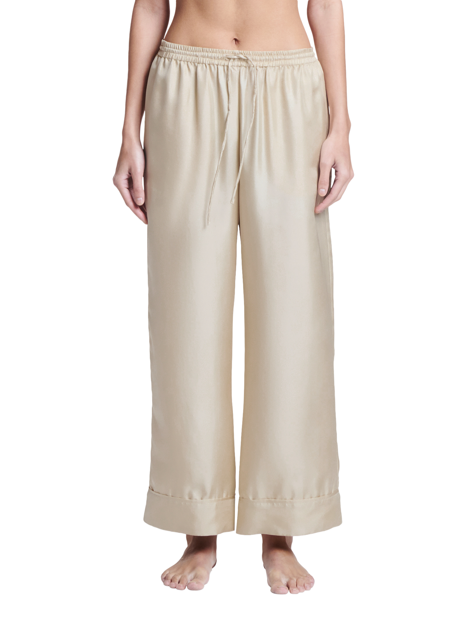 Product image 1 of 5, which shows ASCENO Brescia Wide Leg Silk Trousers, Stone, L