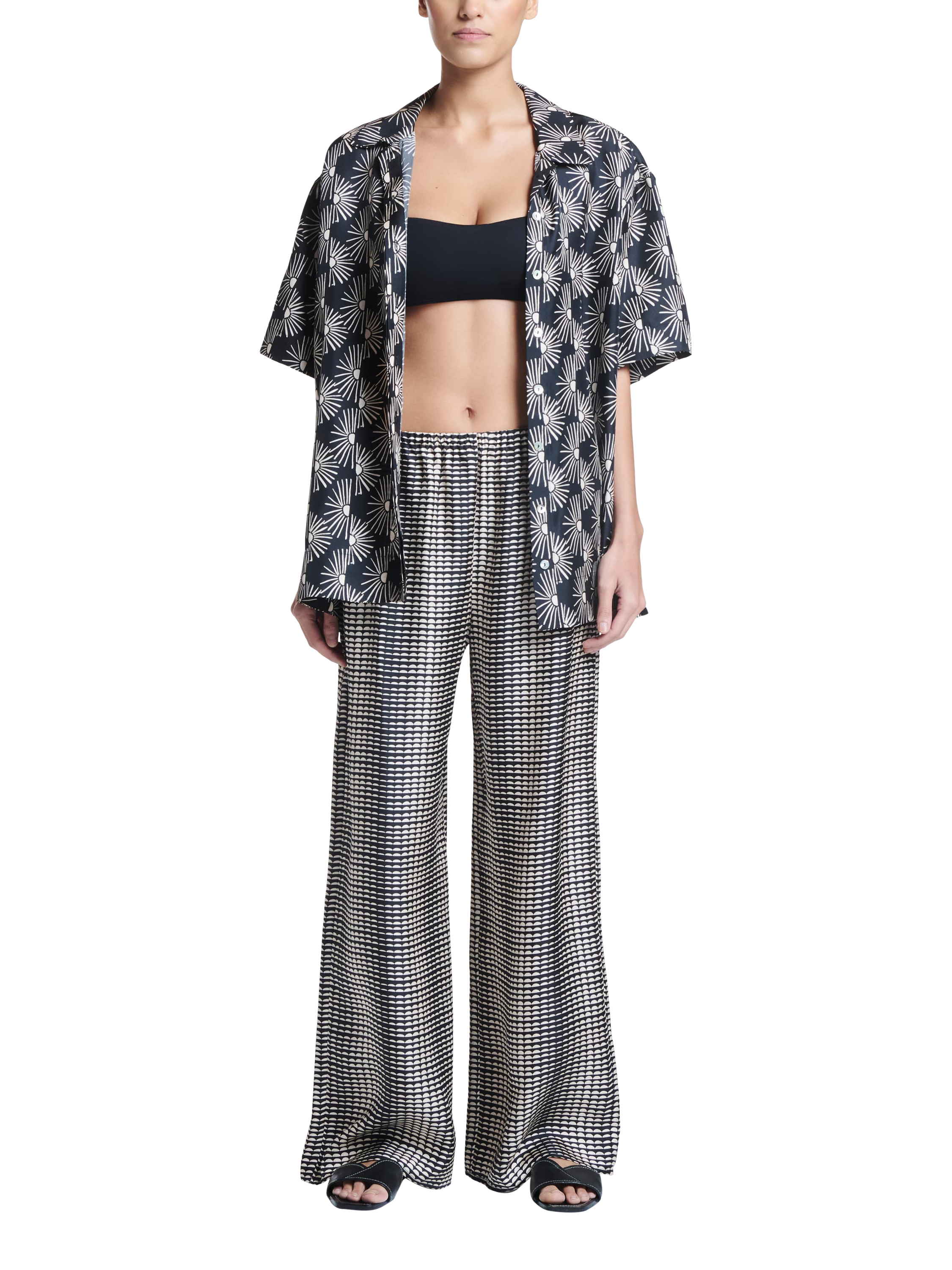 Product image 2 of 6, which shows ASCENO The Montauk Sunrise Pure Silk Shirt, Black/White, XS