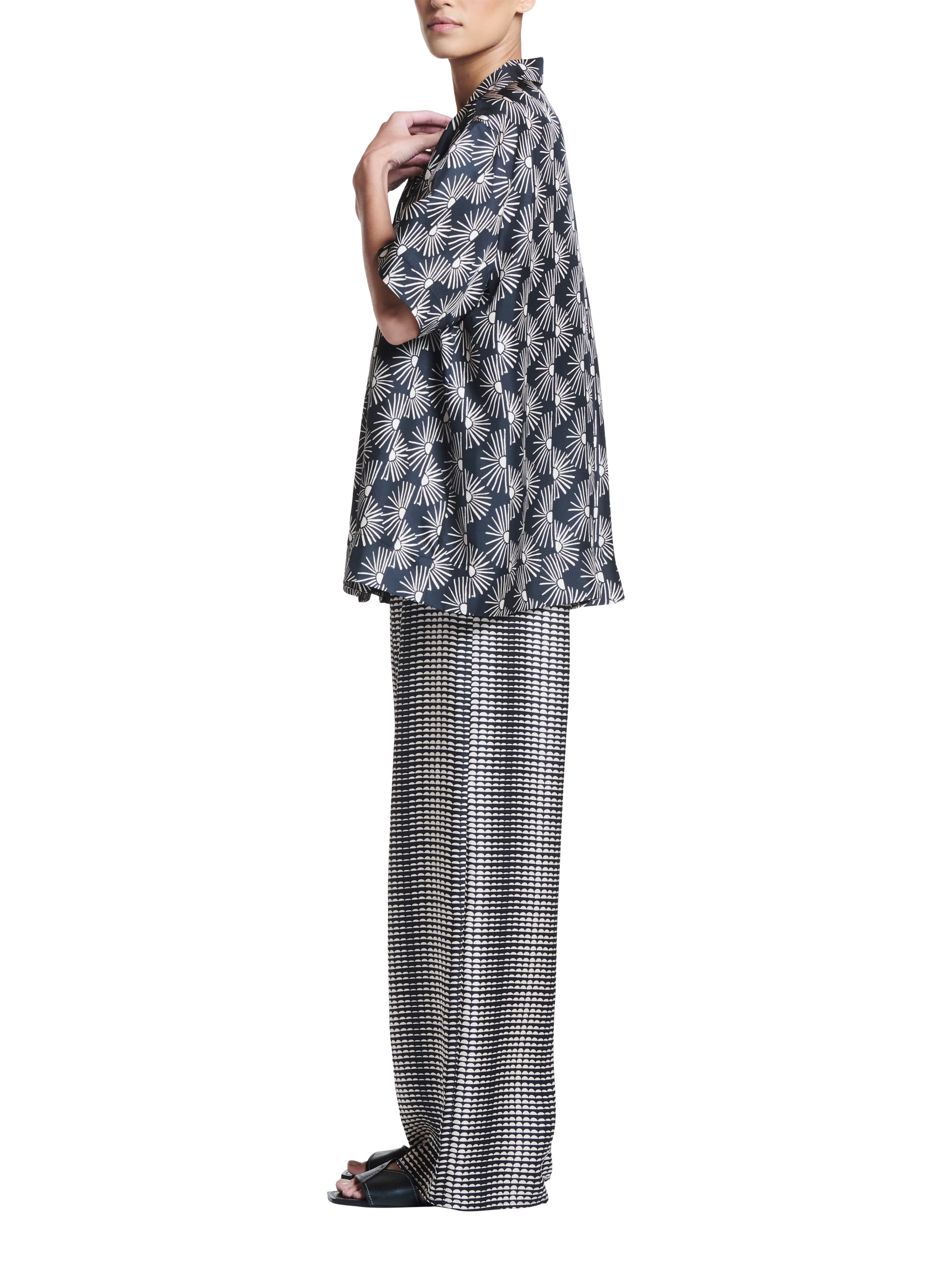 Product image 5 of 6, which shows ASCENO The Montauk Sunrise Pure Silk Shirt, Black/White, XS