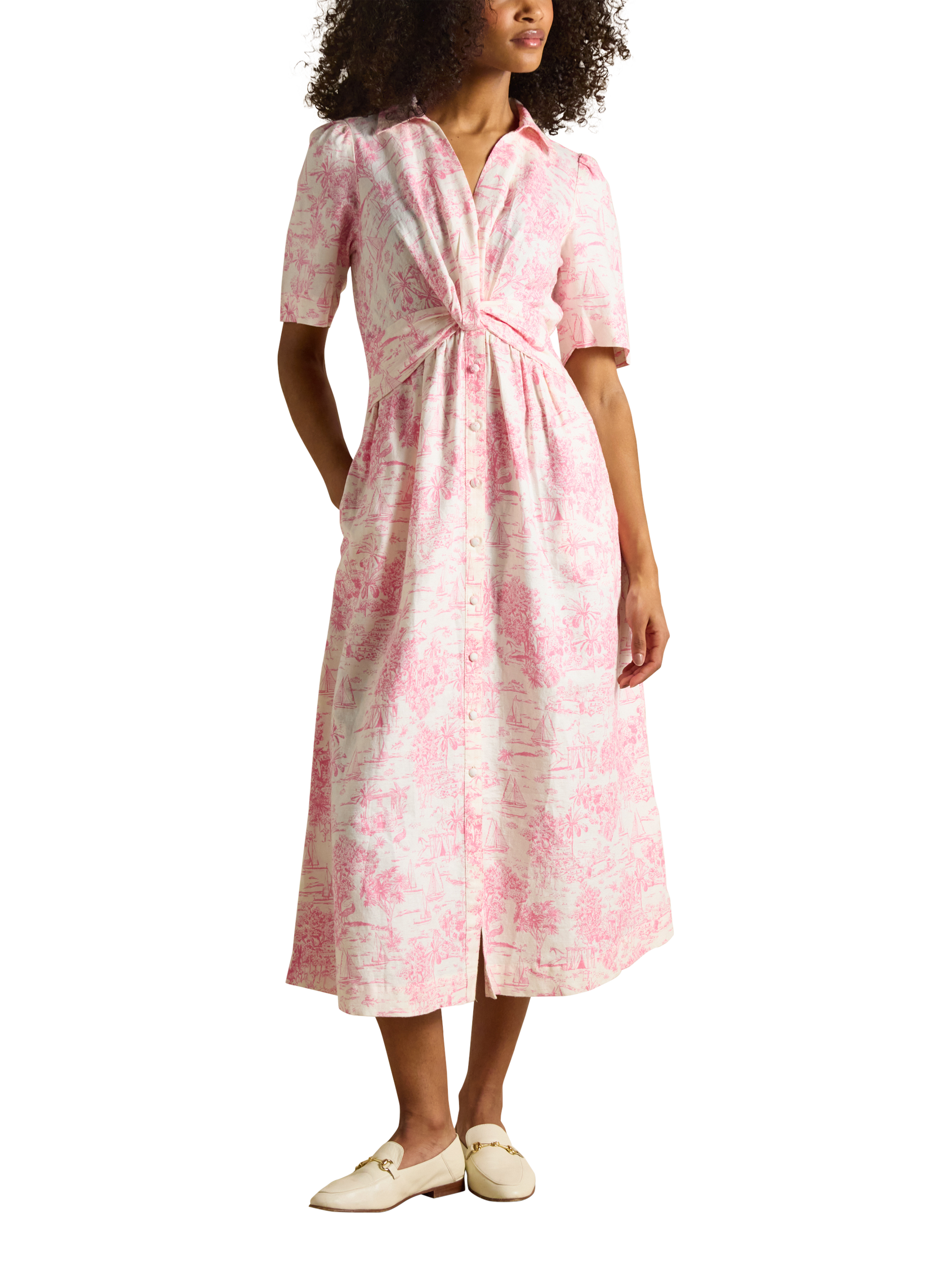 Joules Marina Toile Knot Front Linen Rich Shirt Dress, Pink/Multi