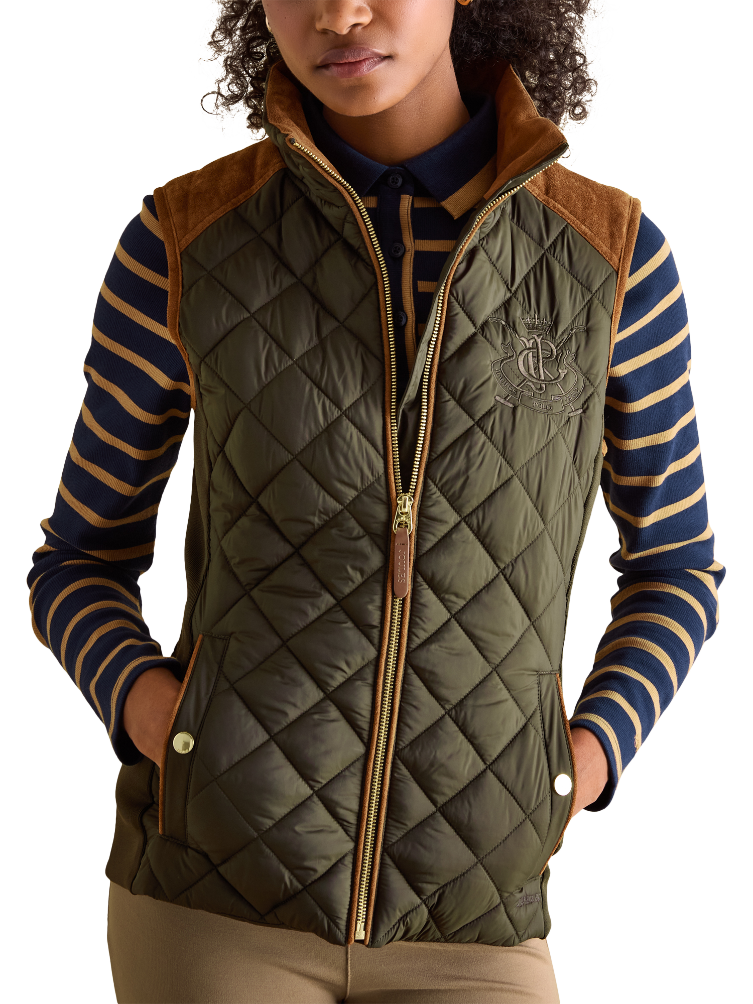 Product image 1 of 7, which shows Joules Luxe Diamond Quilted Showerproof Gilet, Green, 6