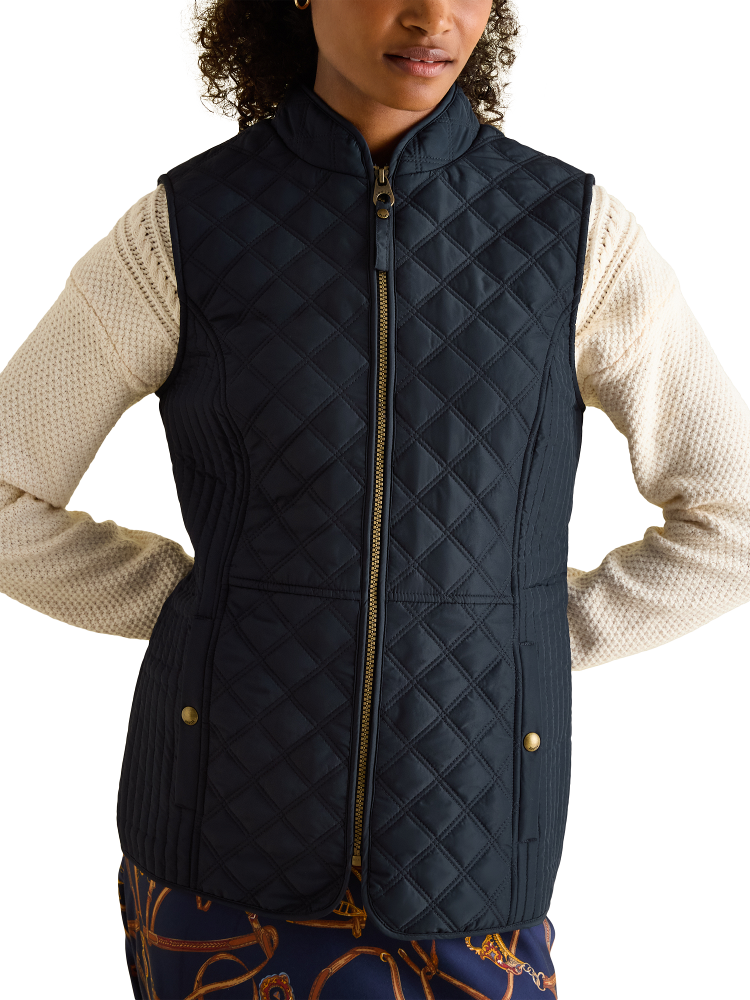 Product image 1 of 8, which shows Joules Diamond Quilted Embroidered Gilet, Navy, 6