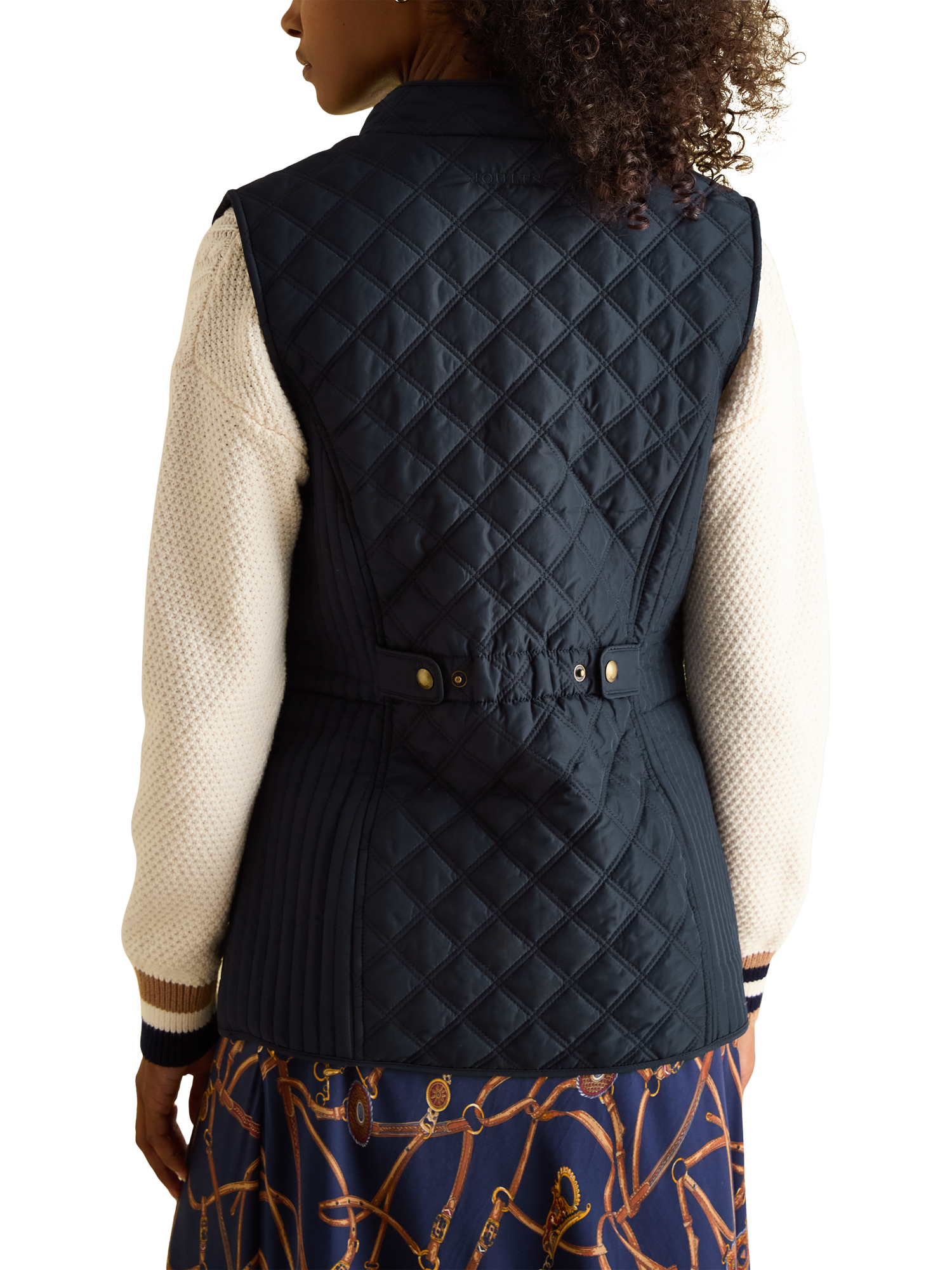 Product image 2 of 8, which shows Joules Diamond Quilted Embroidered Gilet, Navy, 6