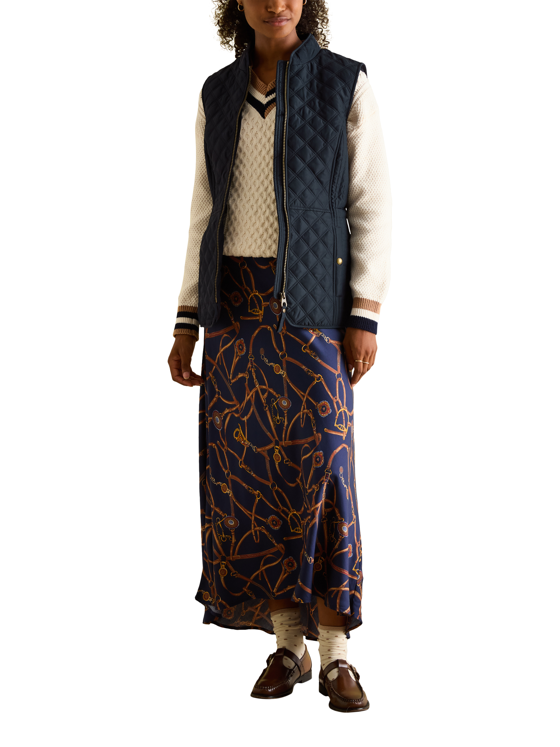 Product image 3 of 8, which shows Joules Diamond Quilted Embroidered Gilet, Navy, 6