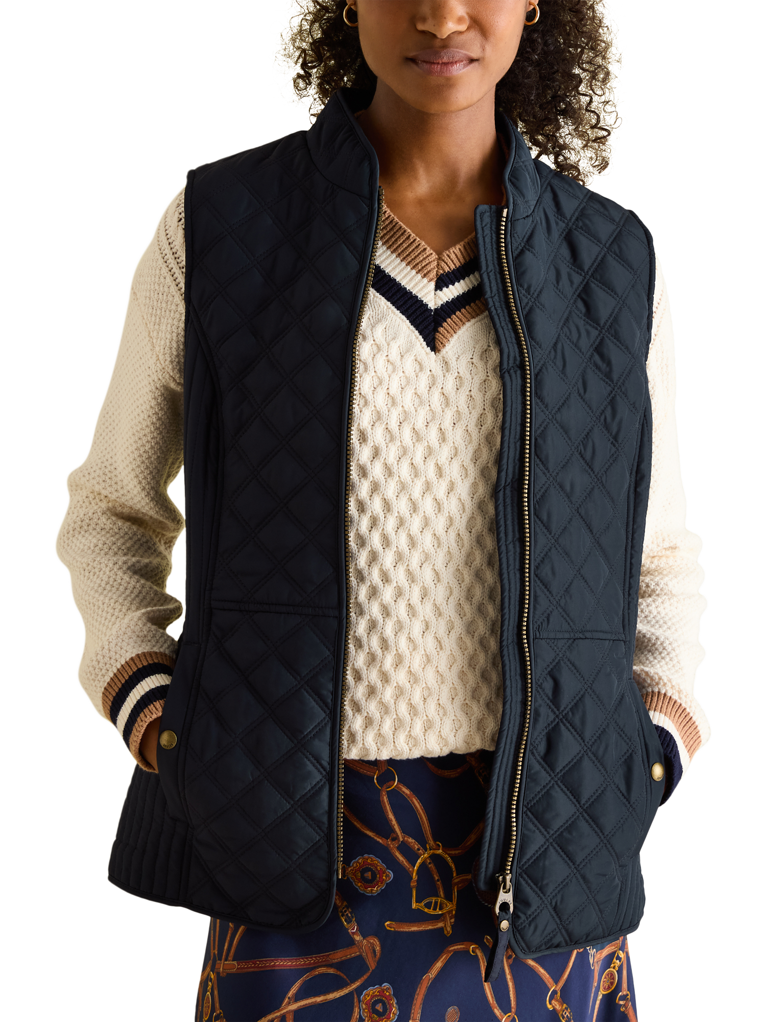 Product image 4 of 8, which shows Joules Diamond Quilted Embroidered Gilet, Navy, 6