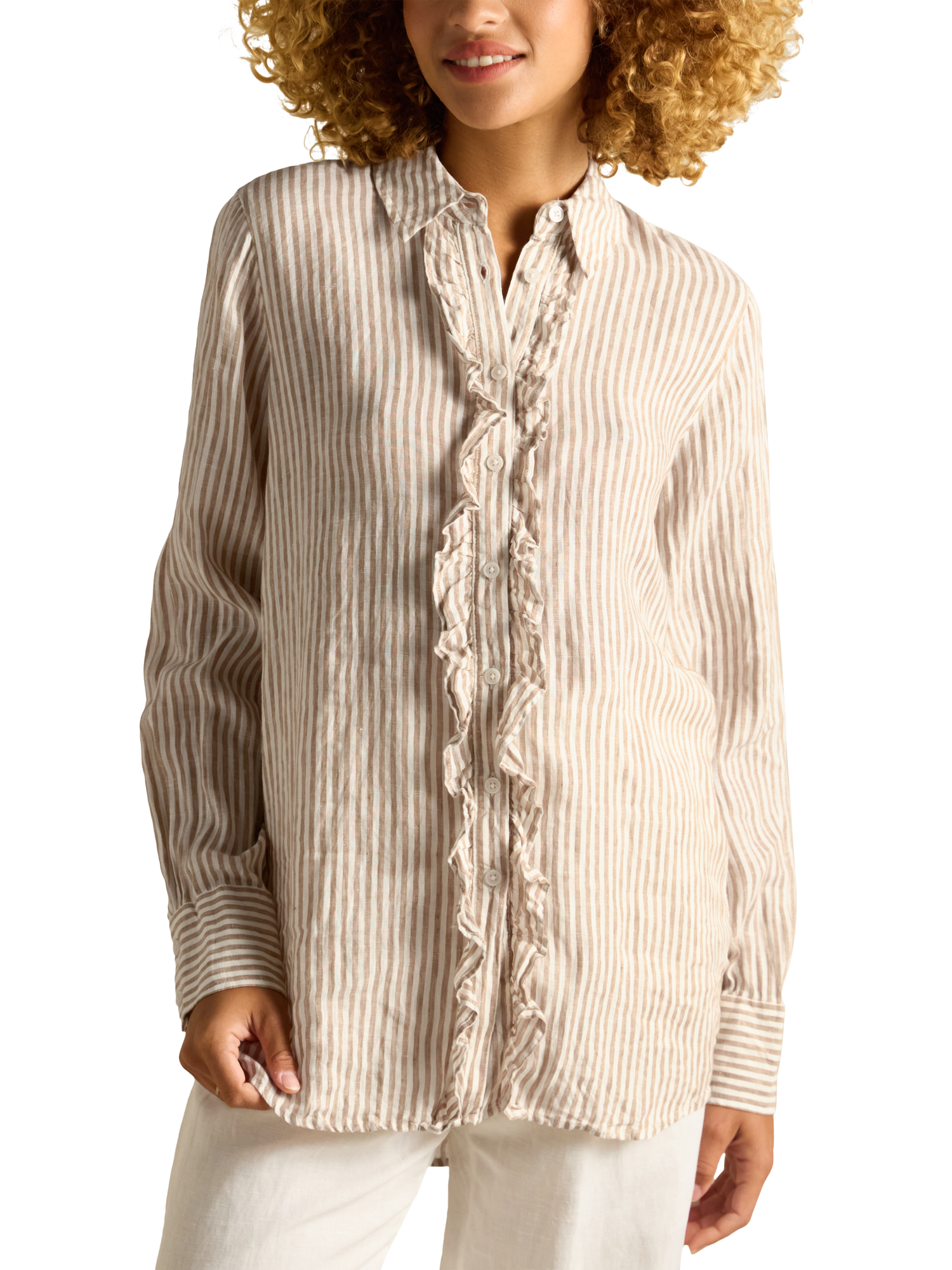 Joules Stripe Frill Front Pure Linen Shirt, Tan