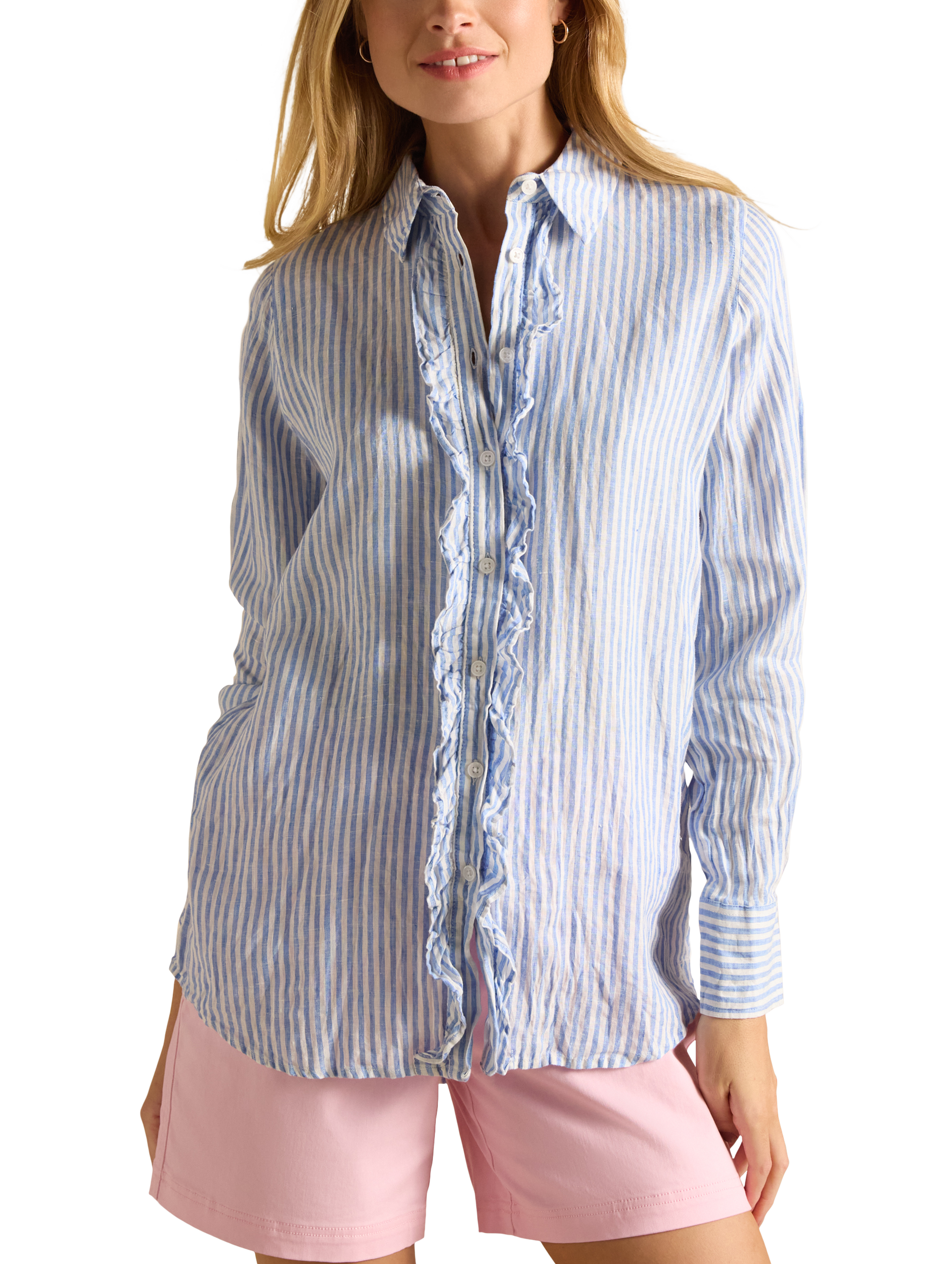 Joules Linen Stripe Frill Shirt, Blue/Multi