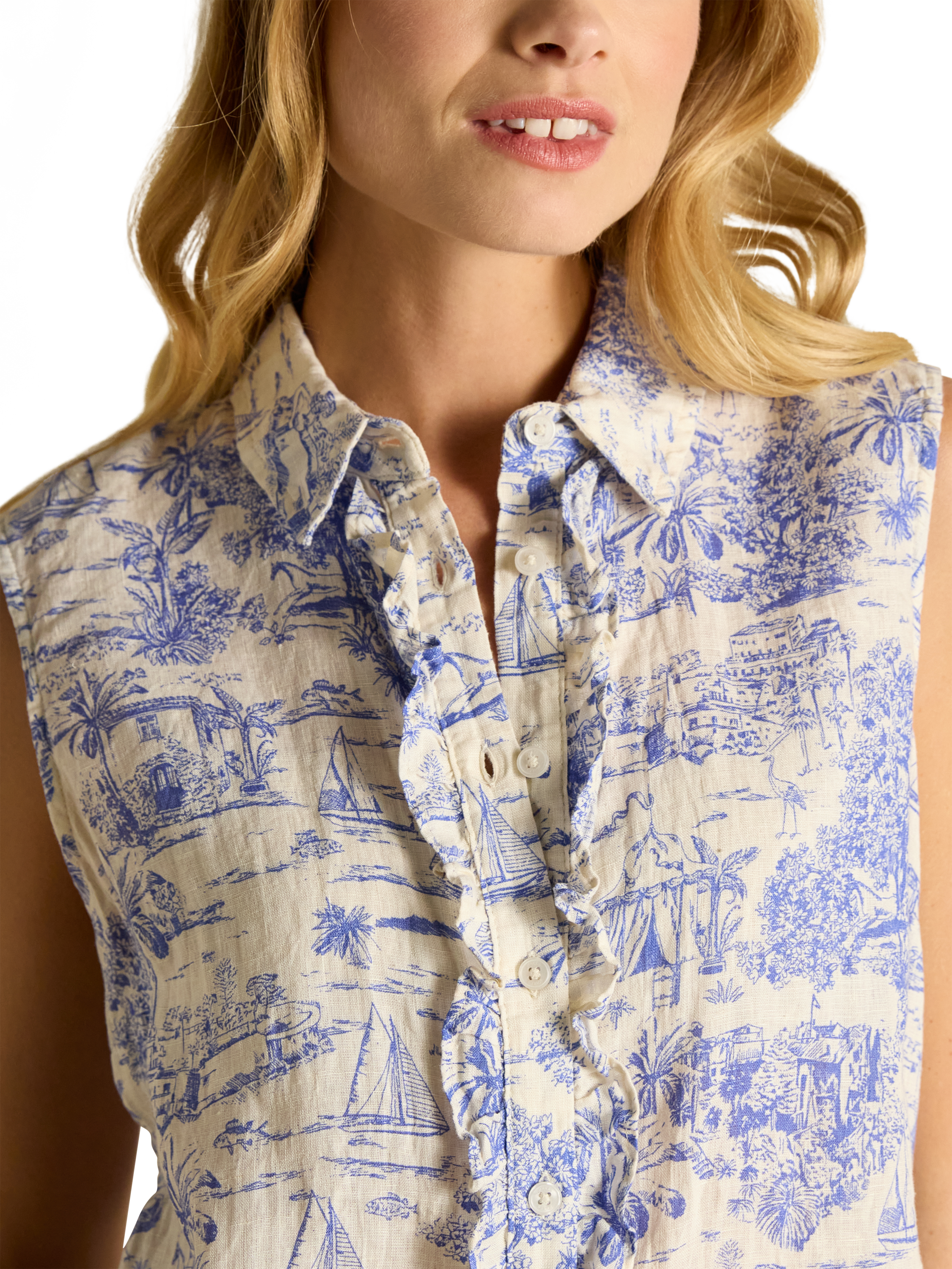 Product image 6 of 8, which shows Joules Toile Pattern Sleeveless Collared Linen Shirt, Blue/Multi, 6