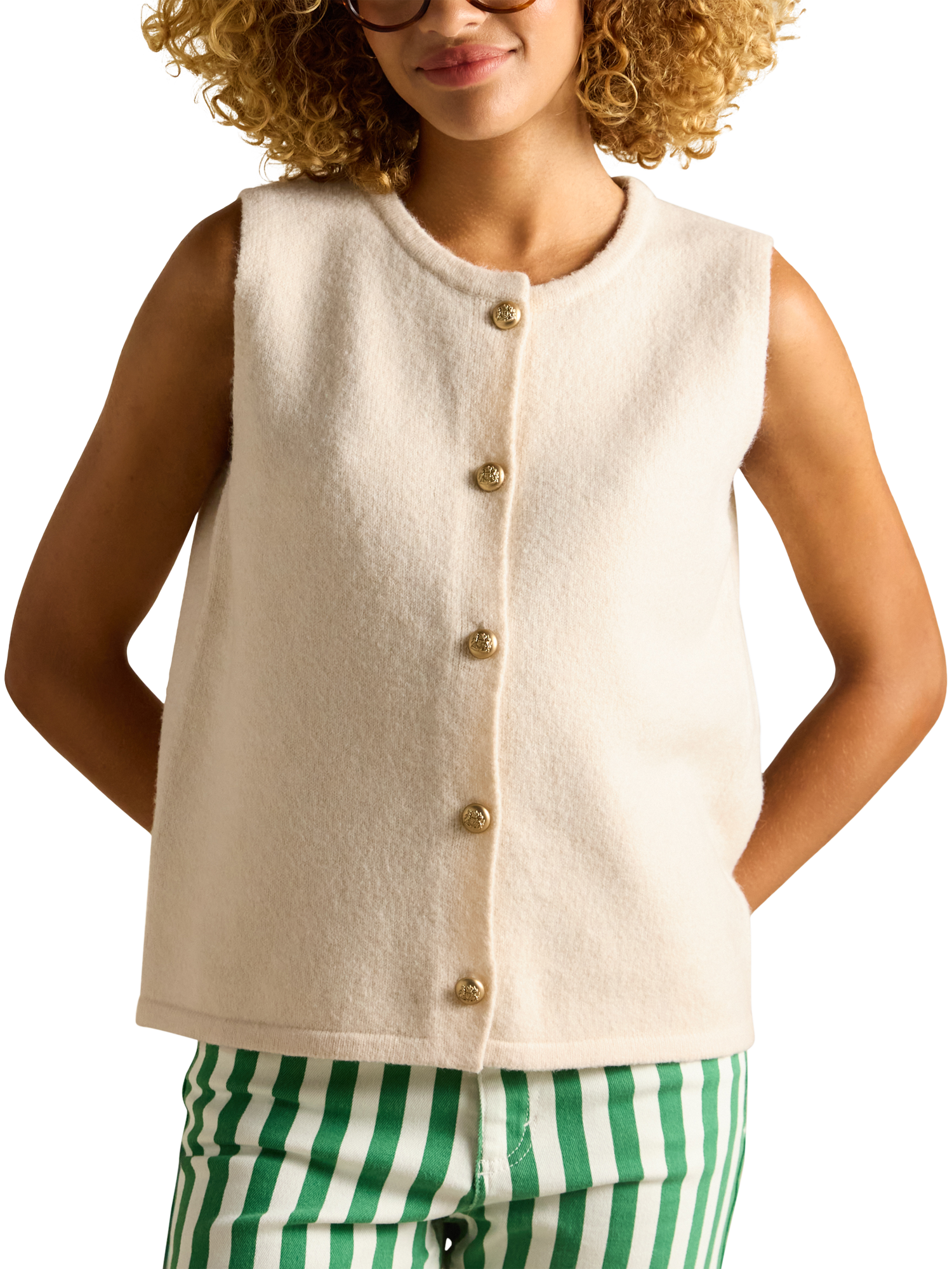 Product image 1 of 7, which shows Joules Button Through Soft Knit Vest, Cream, XS