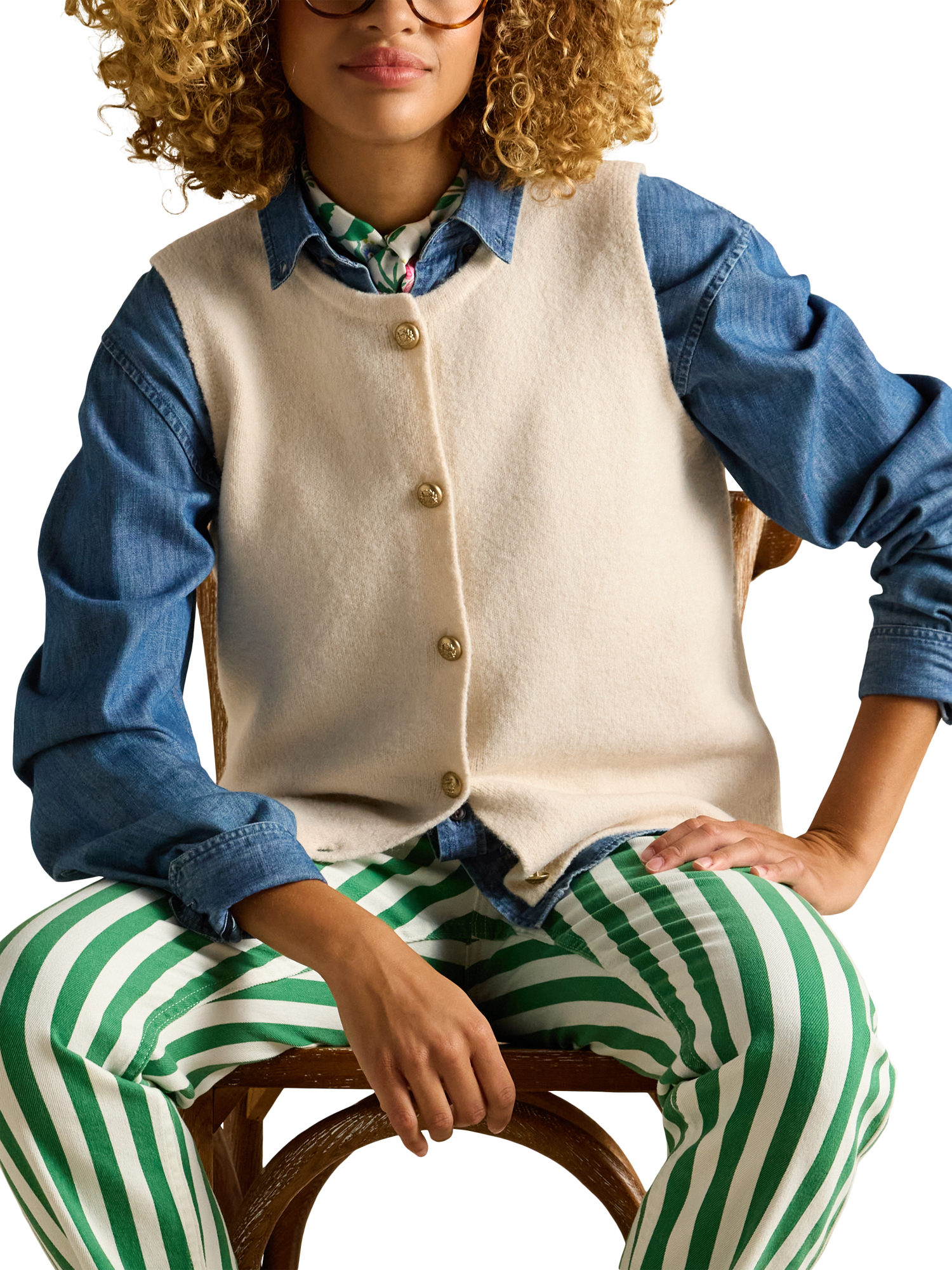 Product image 3 of 7, which shows Joules Button Through Soft Knit Vest, Cream, XS
