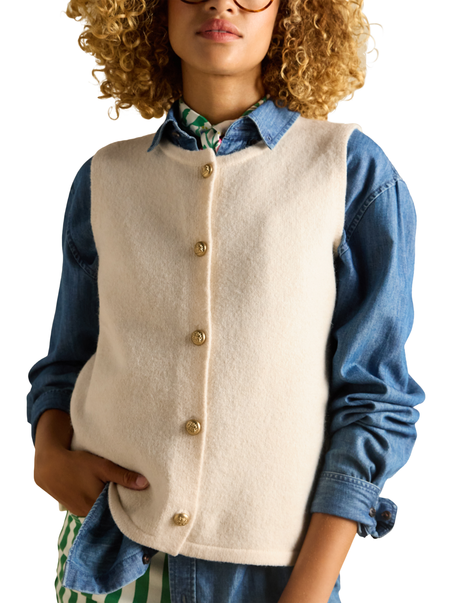 Product image 6 of 7, which shows Joules Button Through Soft Knit Vest, Cream, XS
