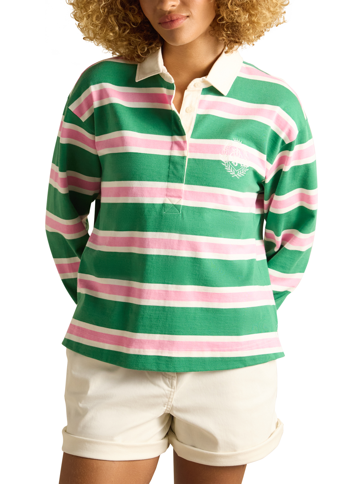 Joules Stripe Long Sleeve Rugby Shirt, Green/Multi