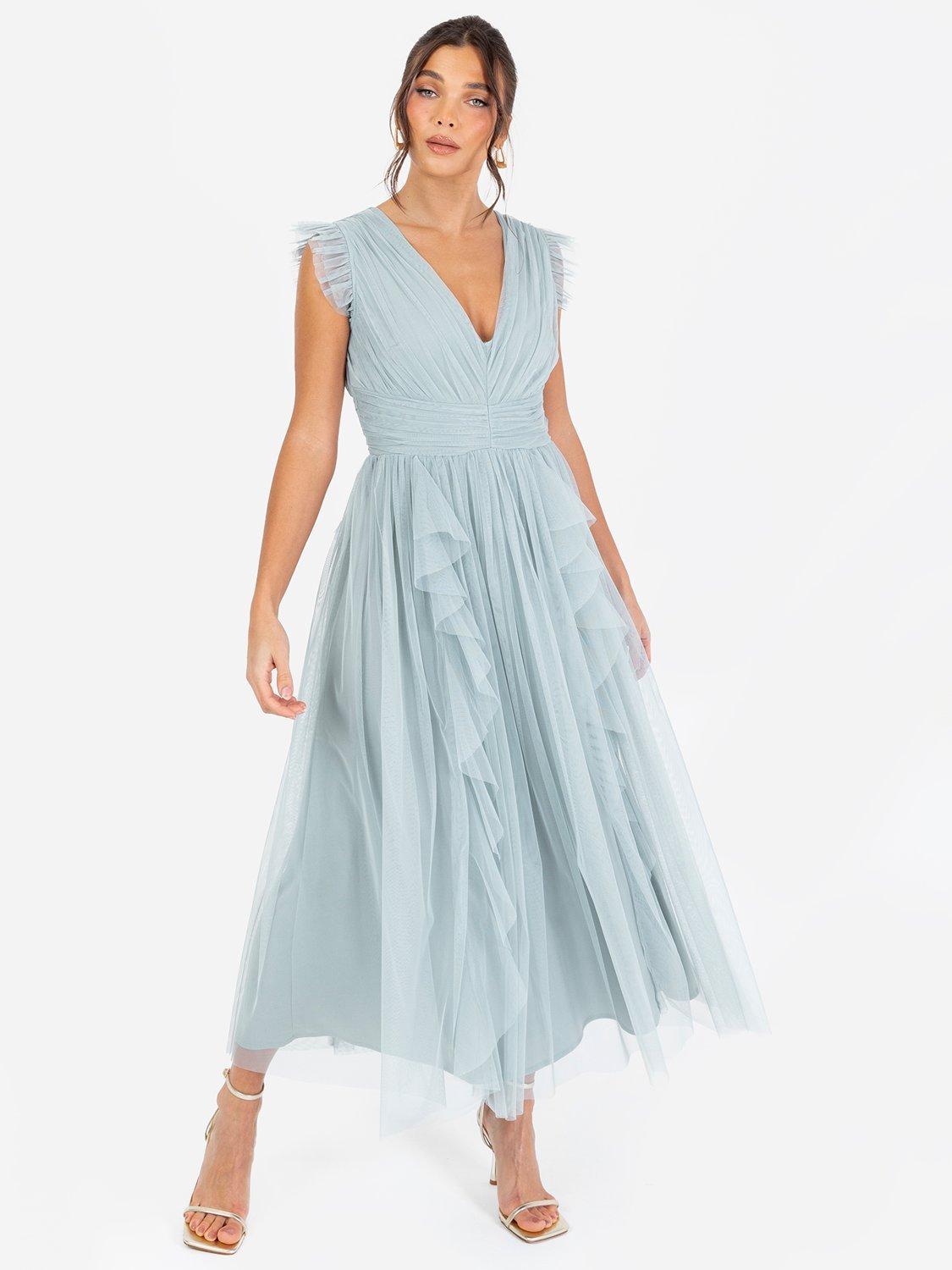 Product image 1 of 6, which shows Anaya With Love Gathered Tulle Midaxi Dress, Cloud Blue, 6