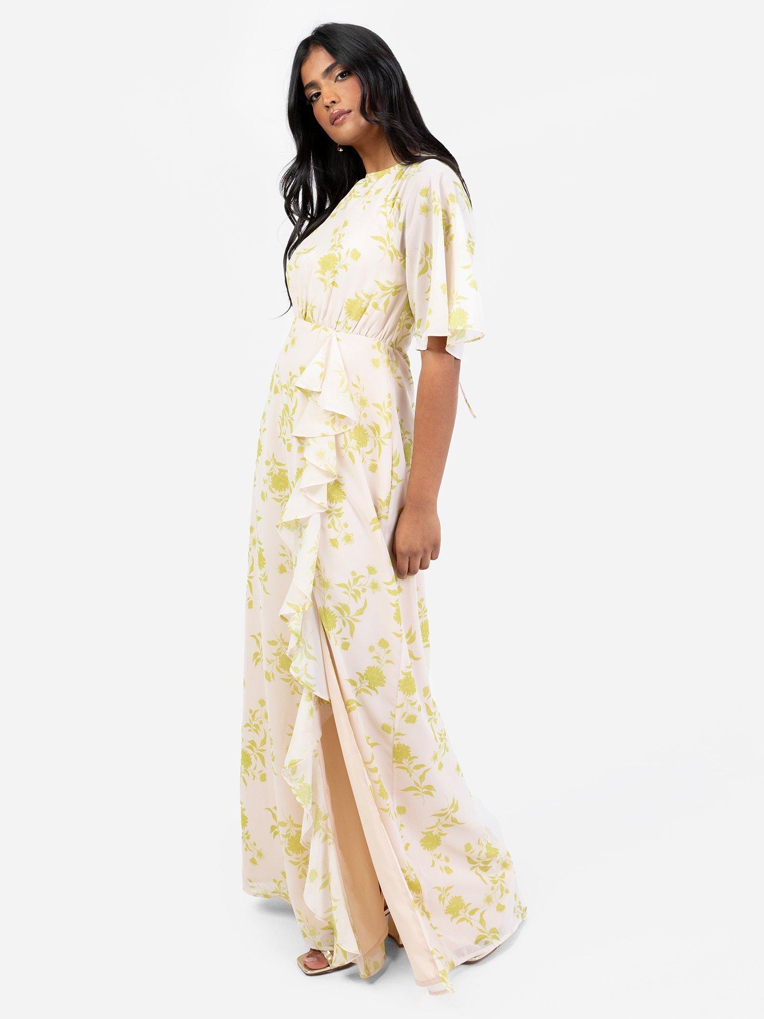 Product image 1 of 4, which shows Anaya With Love Floral Shirred Back Ruffle Maxi Dress, Chartreuse, 6
