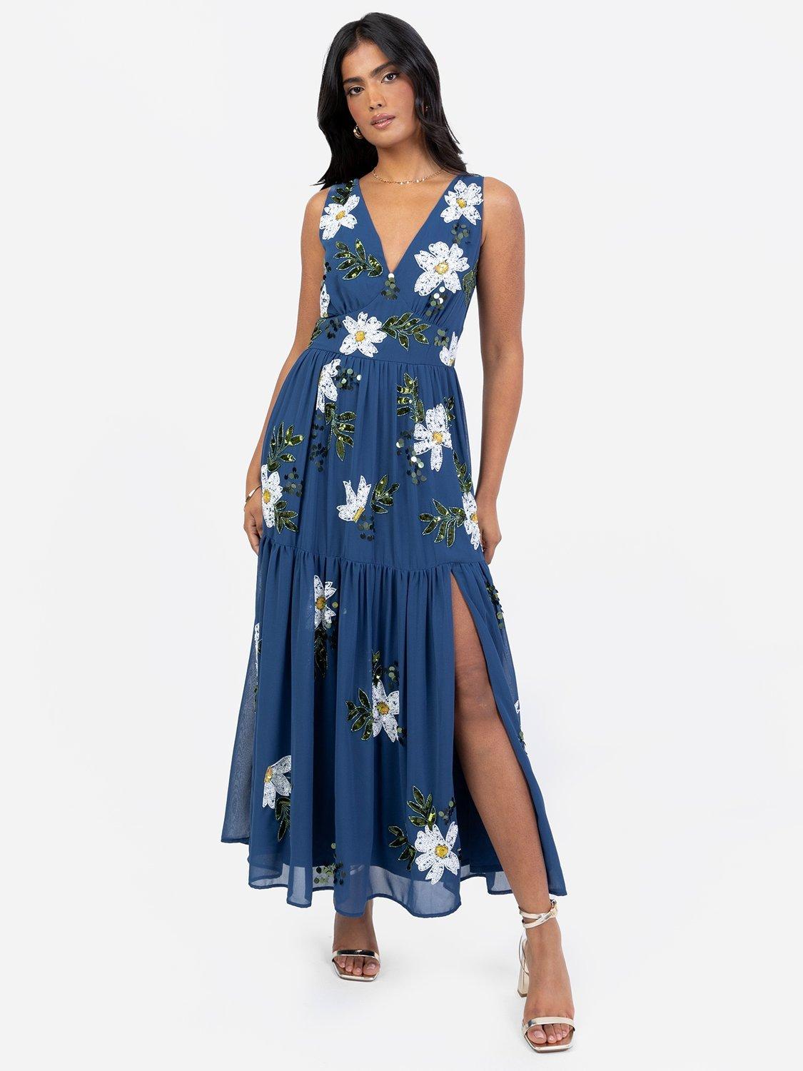 Product image 1 of 5, which shows Maya Deluxe Floral Embellished V-Neck Midaxi Dress, Blue, 6