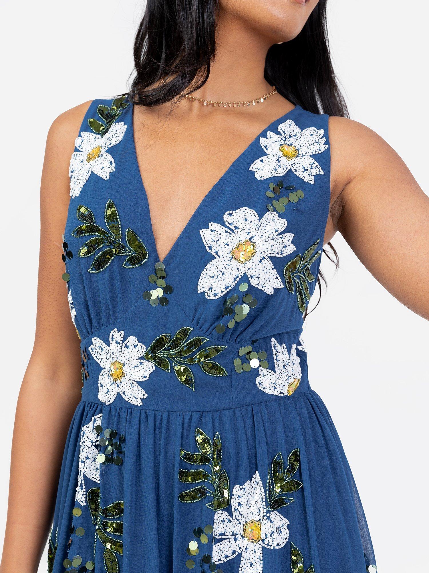 Product image 2 of 5, which shows Maya Deluxe Floral Embellished V-Neck Midaxi Dress, Blue, 6