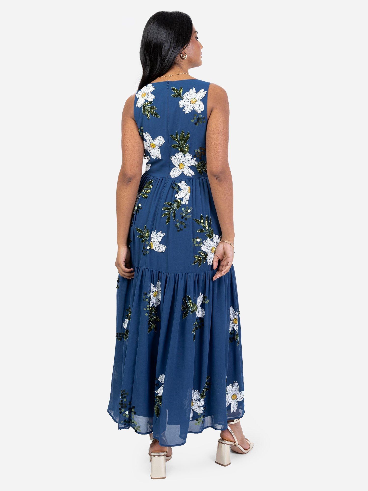 Product image 3 of 5, which shows Maya Deluxe Floral Embellished V-Neck Midaxi Dress, Blue, 6