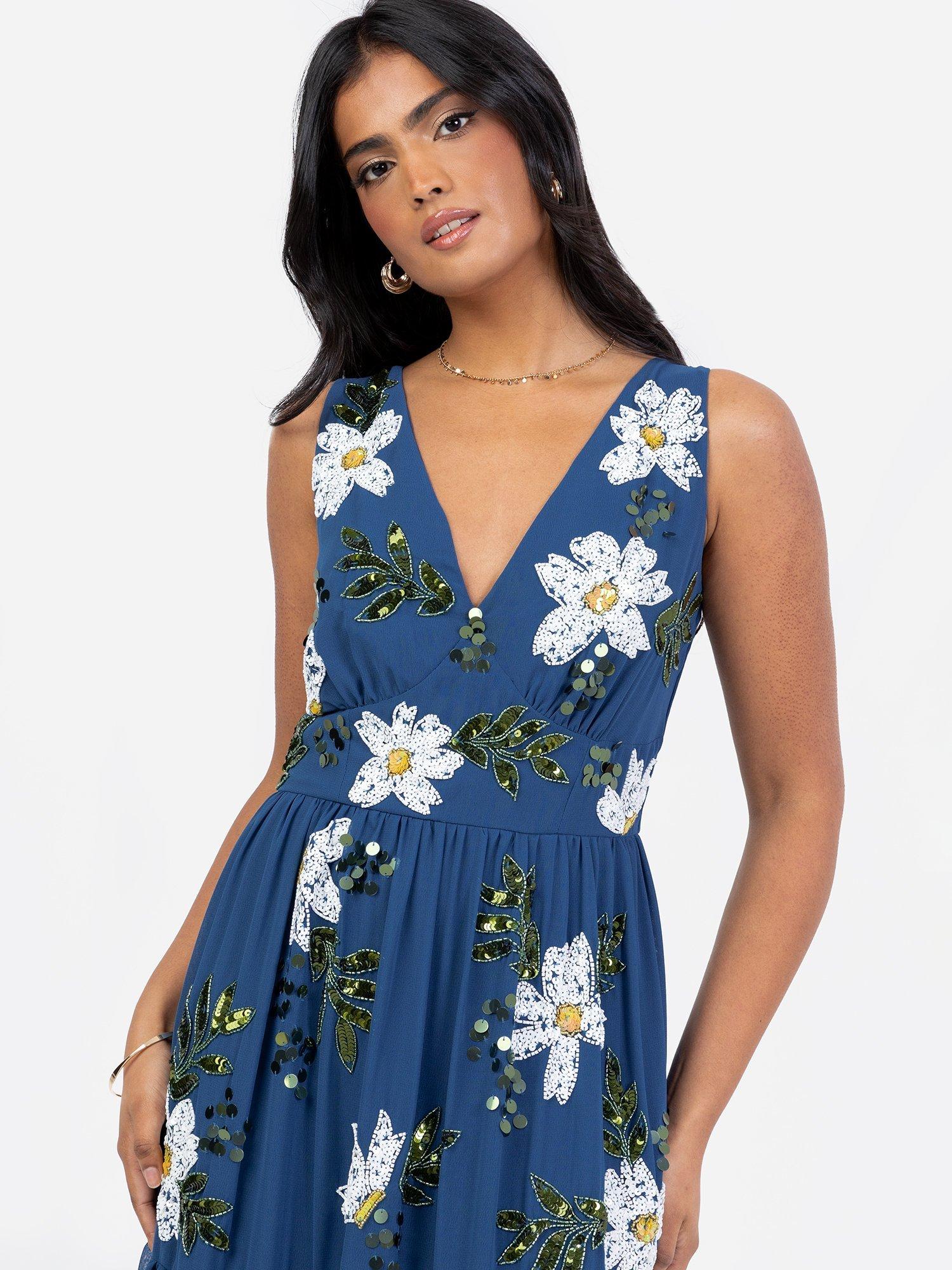 Product image 5 of 5, which shows Maya Deluxe Floral Embellished V-Neck Midaxi Dress, Blue, 6