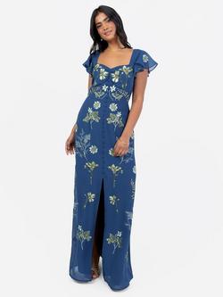 Maya Deluxe Embroidered Flutter Sleeve Tea Maxi Dress, Blue, Blue