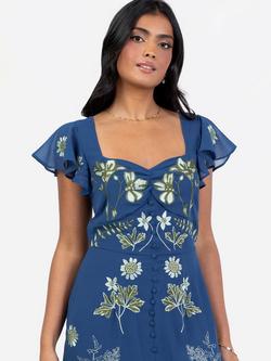 Maya Deluxe Embroidered Flutter Sleeve Tea Maxi Dress, Blue - view 2, Blue