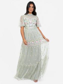 Maya Deluxe Embroidered High Neck Tiered Maxi Dress, Green Lily, Green Lily