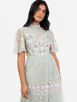 Maya Deluxe Embroidered High Neck Tiered Maxi Dress, Green Lily - view 2, Green Lily