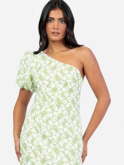 Maya Deluxe Floral Asymmetric Peplum Hem Dress, White/Green - view 2, White/Green
