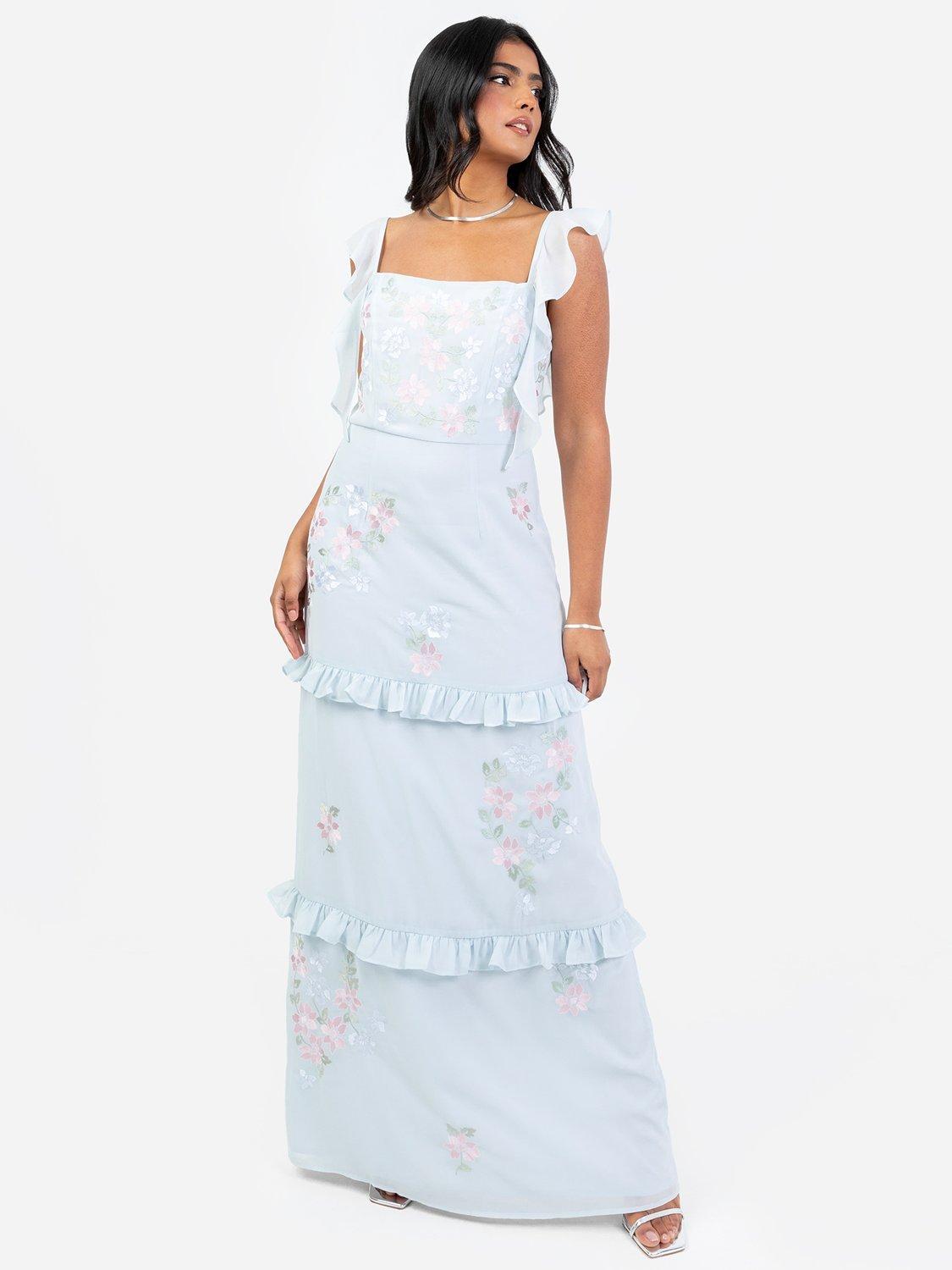 Product image 1 of 4, which shows Maya Deluxe Delicate Floral Embroidered Maxi Dress, Light Blue, 6