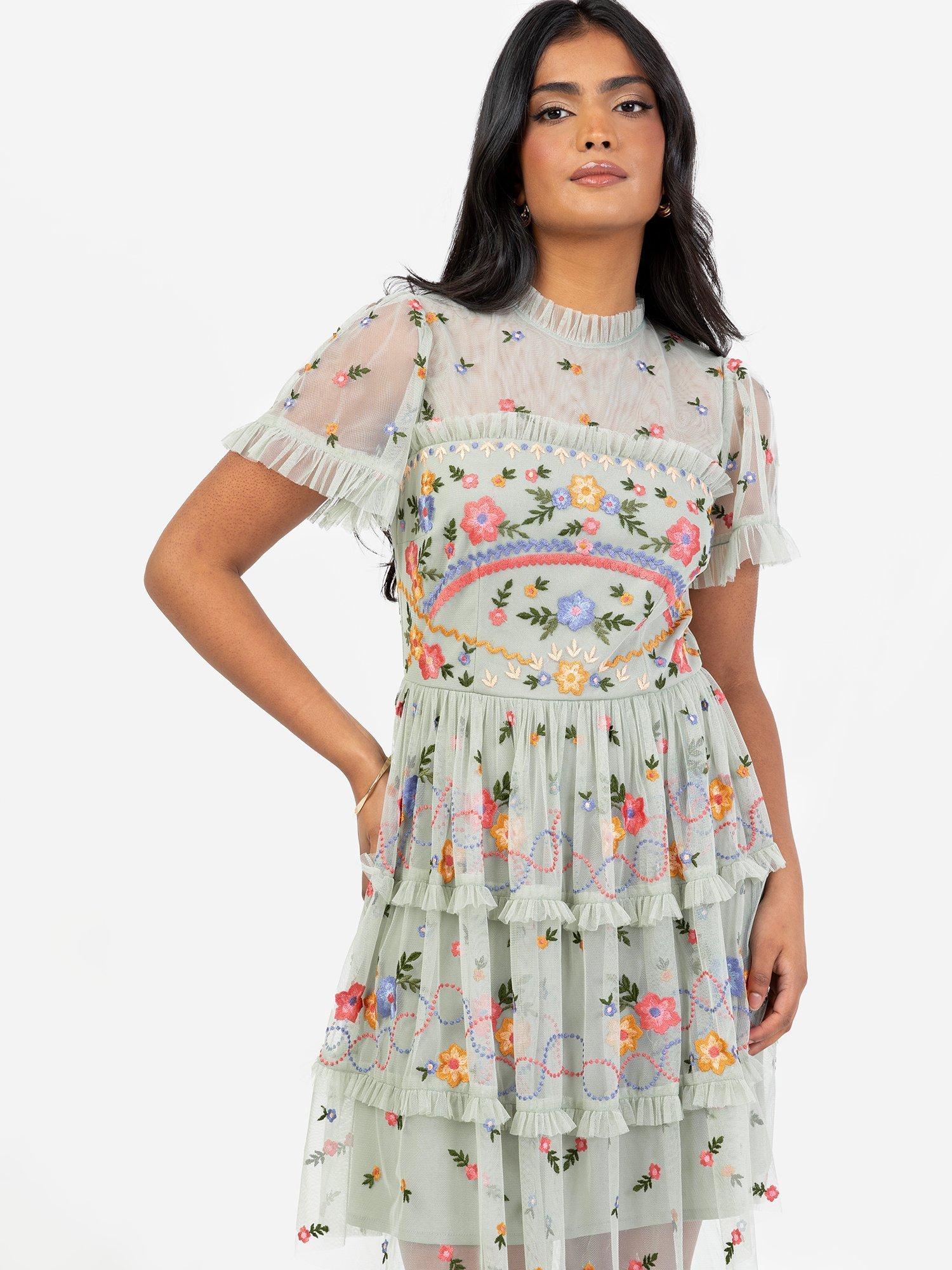 Product image 1 of 6, which shows Maya Deluxe Embroidered High Neck Mini Dress, Green Lily, 6