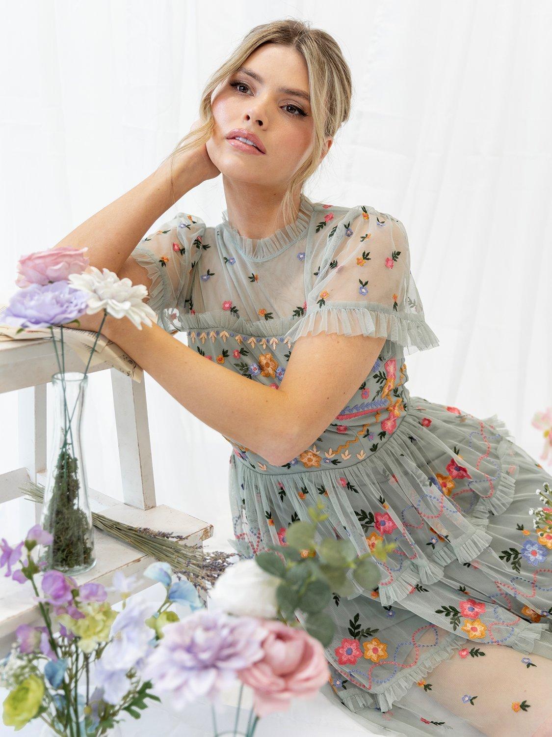 Product image 2 of 6, which shows Maya Deluxe Embroidered High Neck Mini Dress, Green Lily, 6