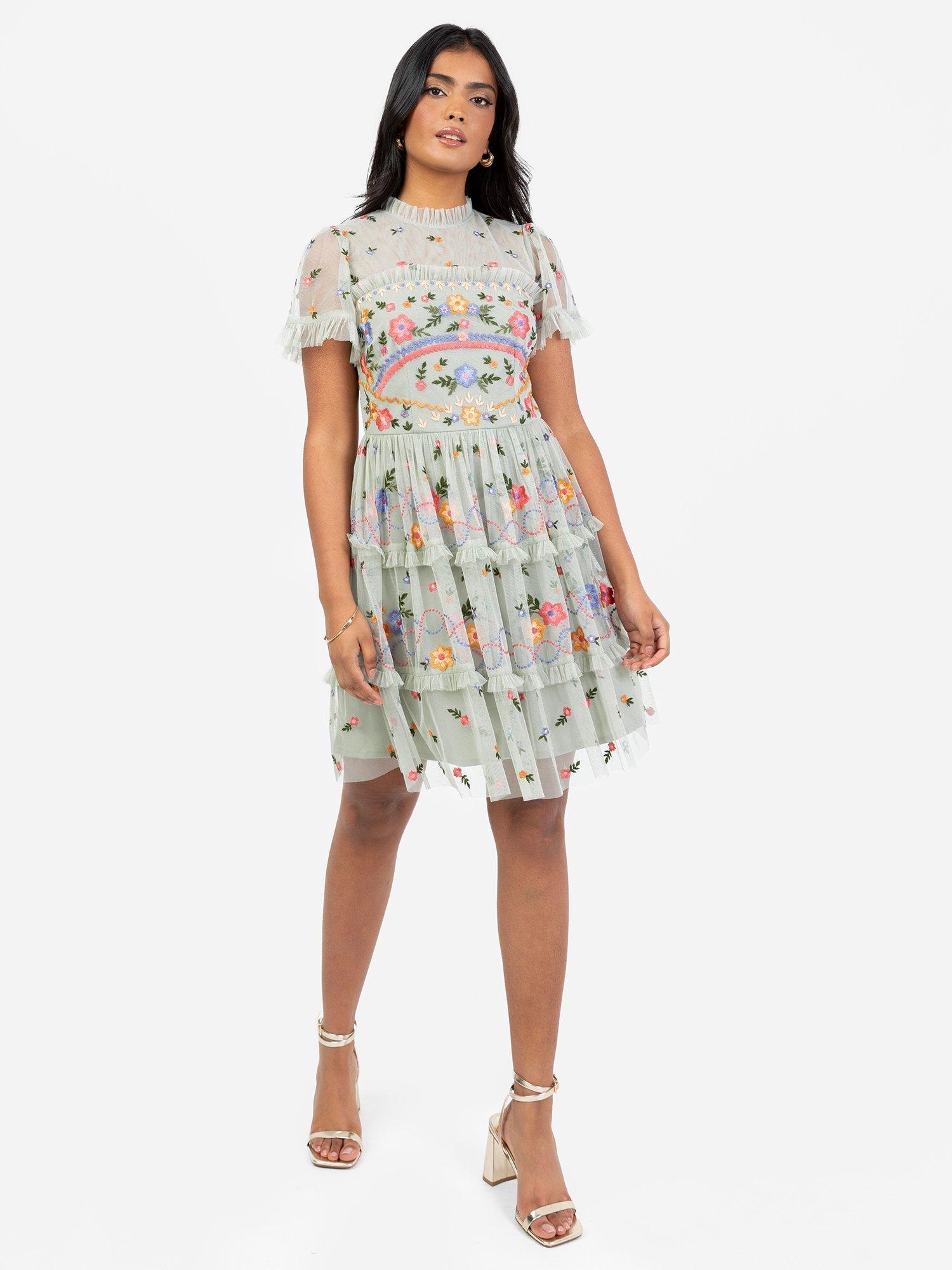 Product image 3 of 6, which shows Maya Deluxe Embroidered High Neck Mini Dress, Green Lily, 6