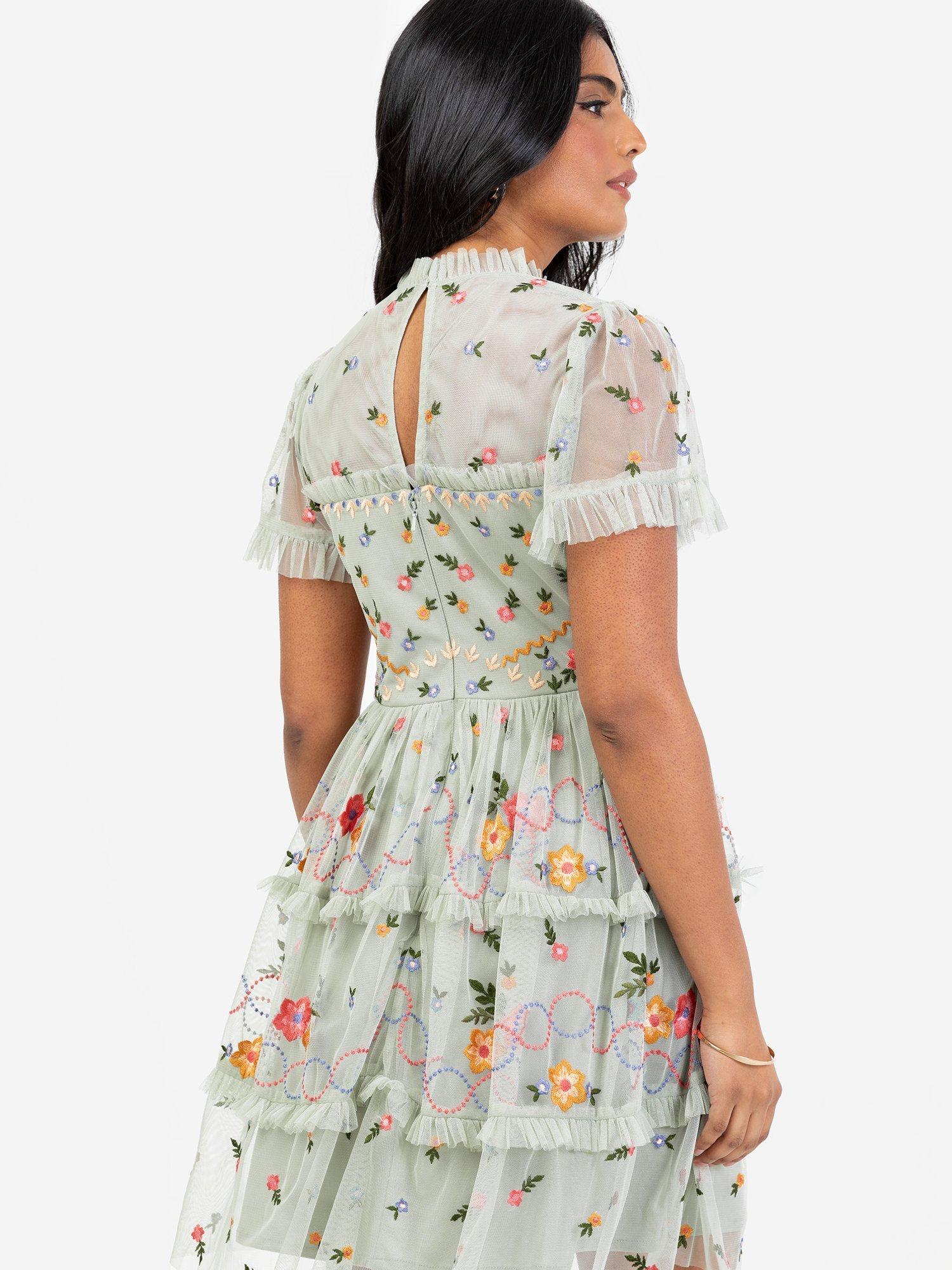 Product image 4 of 6, which shows Maya Deluxe Embroidered High Neck Mini Dress, Green Lily, 6