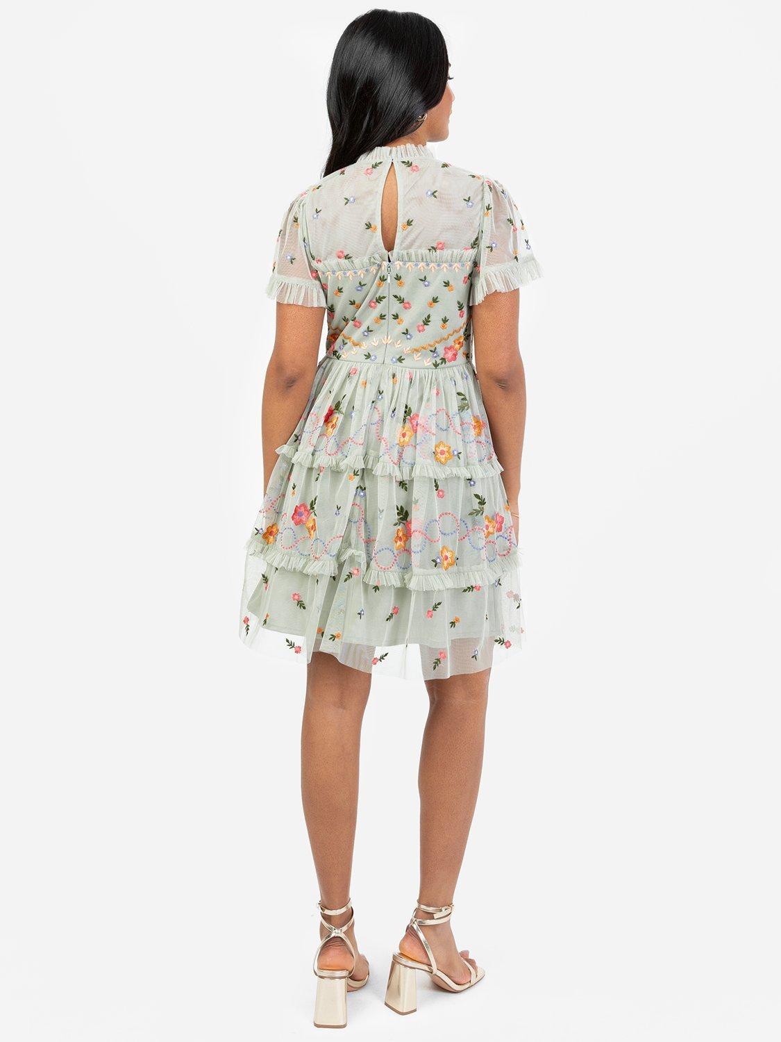 Product image 5 of 6, which shows Maya Deluxe Embroidered High Neck Mini Dress, Green Lily, 6