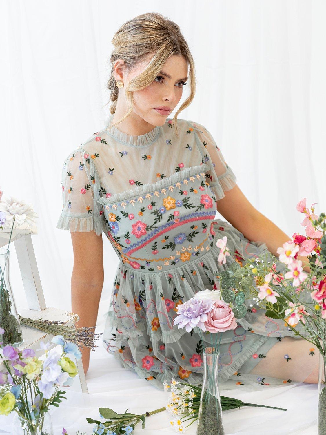 Product image 6 of 6, which shows Maya Deluxe Embroidered High Neck Mini Dress, Green Lily, 6
