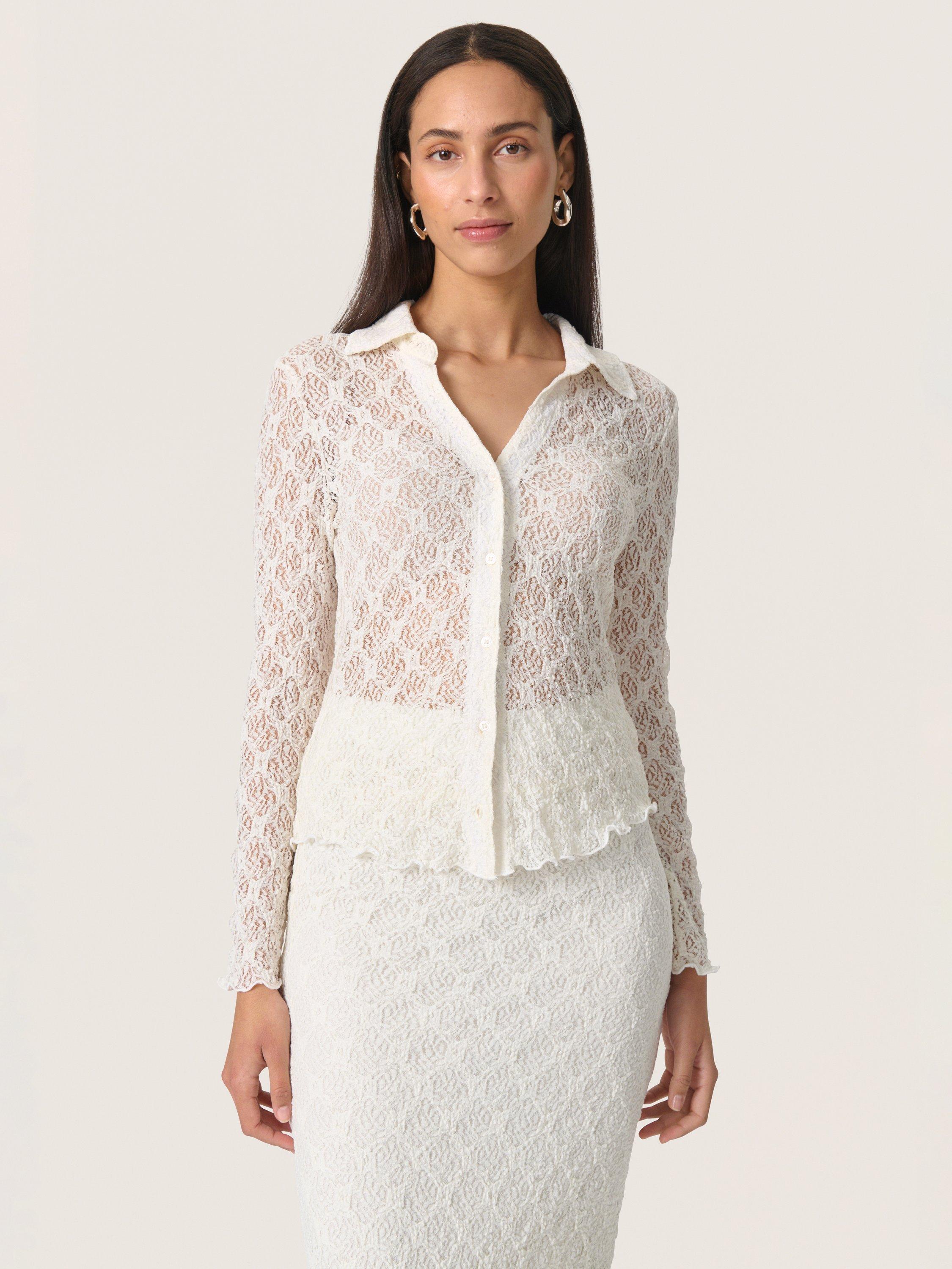Product image 1 of 6, which shows Soaked In Luxury Jannet Lace Fitted Shirt, Whisper White, M