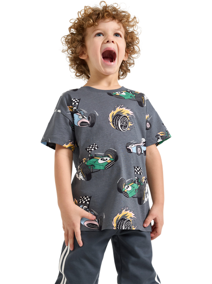 Lindex Kids' Cotton Race Car Print T-Shirt, Dark Grey, Dark Grey