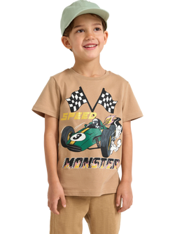 Lindex Kids' Cotton Racing Car Print T-Shirt, Light Dusty Beige, Light Dusty Beige