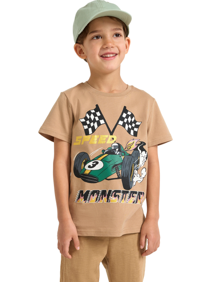 Lindex Kids' Cotton Racing Car Print T-Shirt, Light Dusty Beige, Light Dusty Beige
