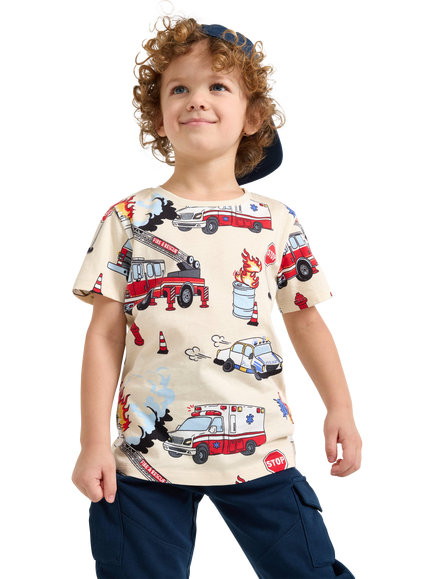 Lindex Kids' Cotton Construction Print T-Shirt, Light Beige, Light Beige