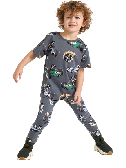 Lindex Kids' Race Car Print Leggings, Dark Grey, Dark Grey