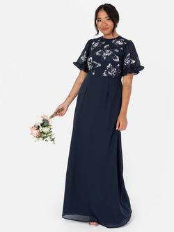 Maya Deluxe Floral Embellished Angel Sleeve Chiffon Maxi Dress, Navy