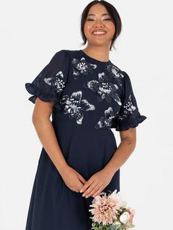 Maya Deluxe Floral Embellished Angel Sleeve Chiffon Maxi Dress - view 2, Navy