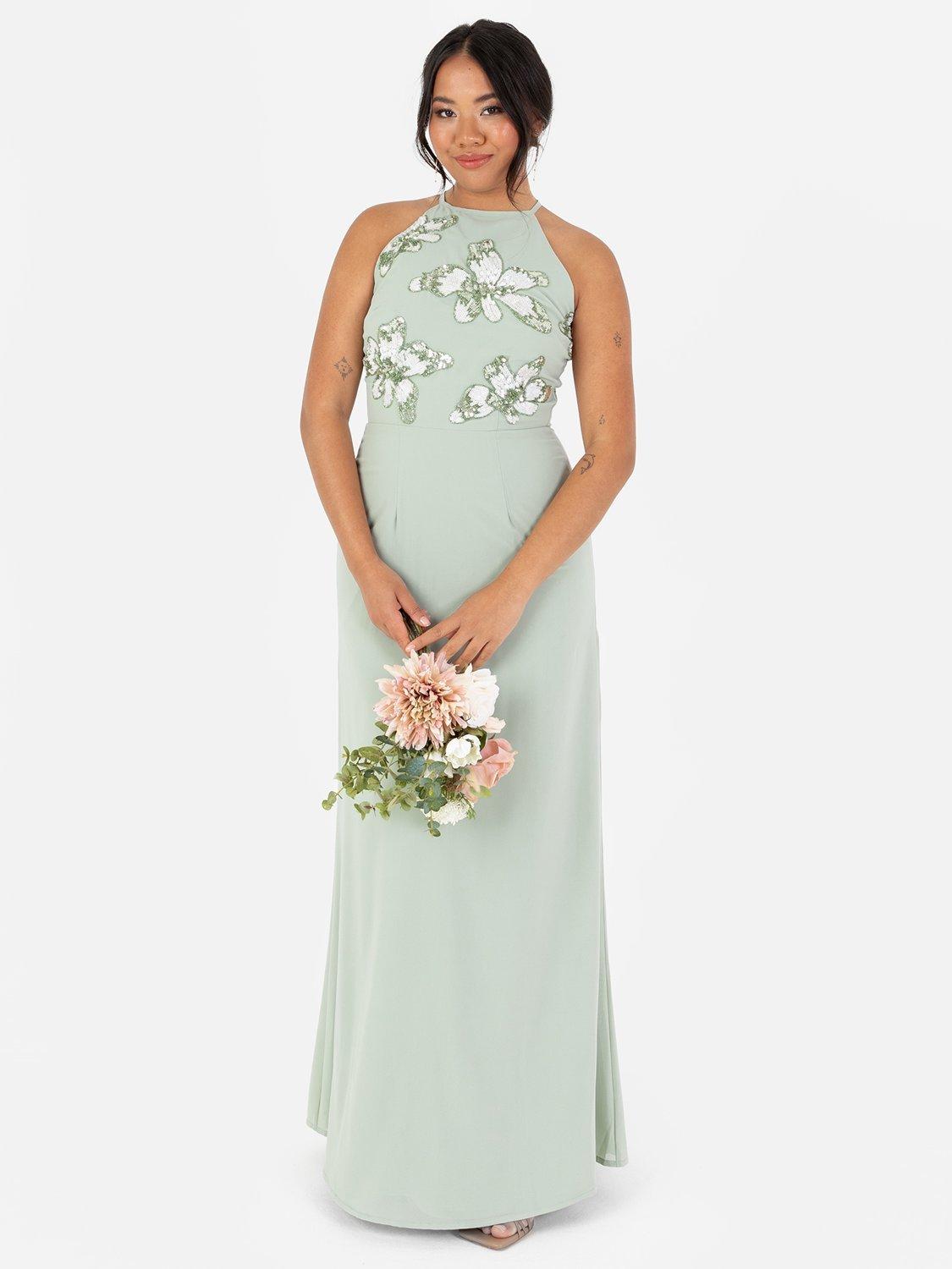 Product image 1 of 5, which shows Maya Deluxe Floral Embellished Halter Neck Chiffon Maxi Dress, Green, 6