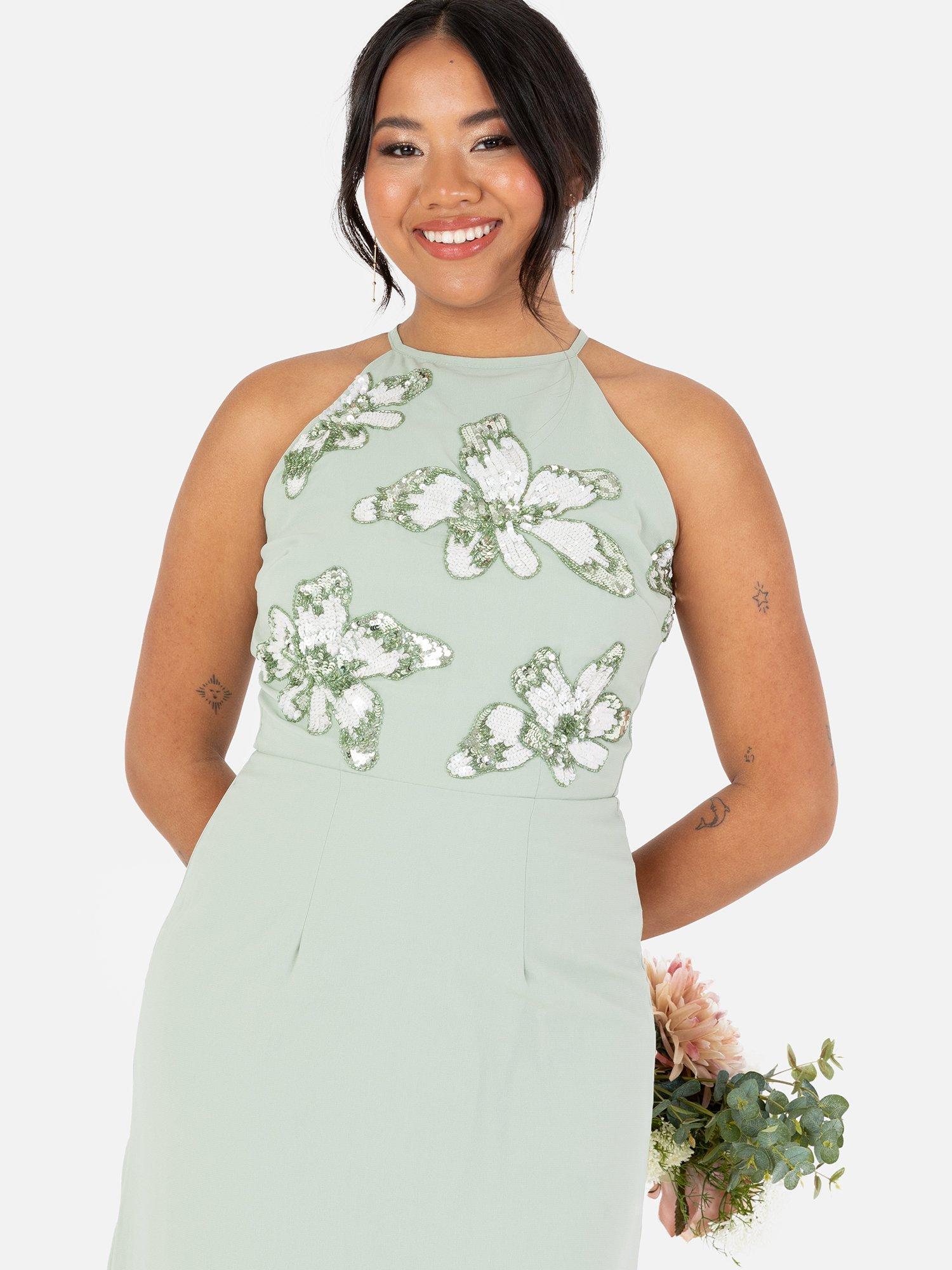 Product image 2 of 5, which shows Maya Deluxe Floral Embellished Halter Neck Chiffon Maxi Dress, Green, 6